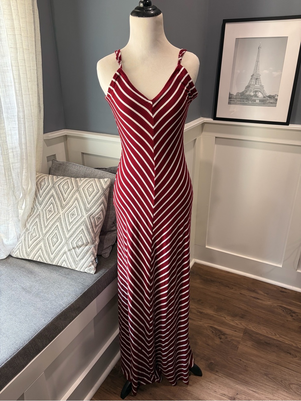 iris Burgundy and White Striped V-Neck Maxi Dress